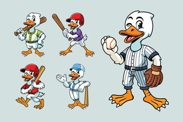 Set of Swan Baseball Sport Mascot in Cartoon Cute Illustration