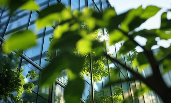 Sunlight Through Leaves Reflecting on Modern Glass Building