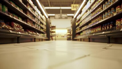 Low Angle Supermarket Aisle View with Fully Stocked Shelves Under Bright Lighting - Powered by Adobe