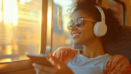 An African woman with headphone listening music while using smartphone in the train - Powered by Adobe