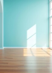 Fototapeta premium Blue turquoise empty wall and wooden floor with interesting with glare from the window interior background for the presentation Empty room interior design architecture blank design room