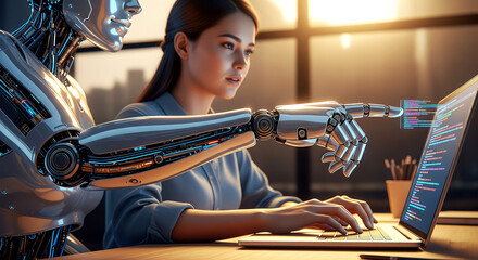 Woman programmer collaborating with a futuristic robot assistant on a laptop