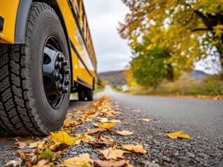 Yellow bus tire on asphalt road with fallen autumn leaves, alongside trees with colorful foliage in the background.