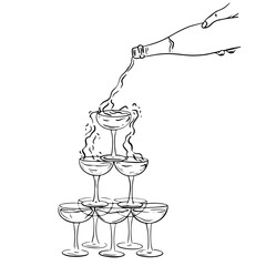 Hand drawn whimsical champagne tower. Holiday alcoholic drinks in trendy vintage style for wedding invitations, menus and parties. Ink doodle elegant coquette style. Vector minimalist illustration