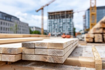Stack of lumber planks at construction site, with blurred buildings and cranes in background.