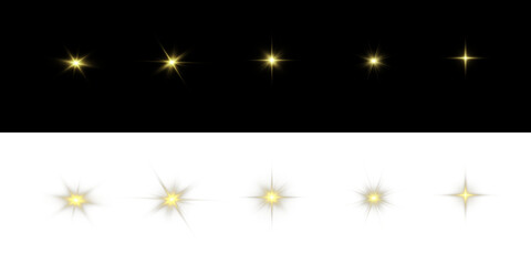 Shining Gold Star Light and Yellow Sparkle PNG. Vector Transparent Light Effect, Sunbeam Flare, Glitter Burst, Radiant Glow for Celebration, Fantasy, or Abstract Backgrounds	