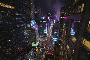 City skyline illuminated at night with vibrant displays and bustling traffic in an urban setting. Generative AI
