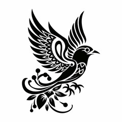A striking black silhouette of a bird in flight, adorned with intricate floral designs. This artistic illustration embodies freedom and grace, making it ideal for nature-themed projects, tattoos, or a