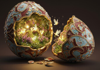 Elaborate decorative egg with a hidden garden and glowing elements showcasing nature and fantasy in a mystical display Generative AI