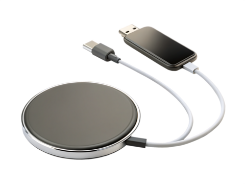 Wireless Phone charger through USB type C cable  isolated on white background, PNG