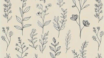 Modern minimal floral background with line art botanical elements in muted tones.
