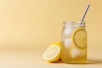 Refreshing glass of lemonade with a straw and lemon slice perfectly placed on the edge for a summer beverage experience