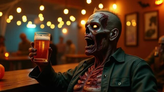 Zombie Man Enjoys a Drink at Halloween Bar