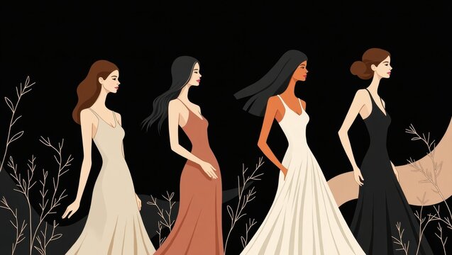 Ilustraci&oacute;n moderna de figuras femeninas con formas abstractas. Arte conceptual de moda minimalista con est&eacute;tica de fondo negro
