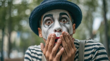 mime artist expressing emotions with silent gestures in urban park