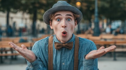 mime artist expressing emotions with silent gestures in urban park