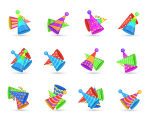 png isolated colourful birthday party hat cone celebration cap accessory carnival decoration vector illustration white background festive design fun event ribbon star happy group


