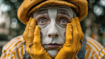 mime artist expressing emotions with silent gestures in urban park