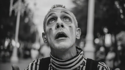 mime artist expressing emotions with silent gestures in urban park