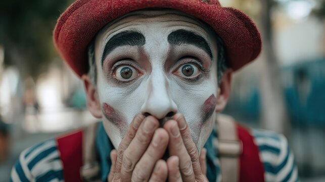 mime artist expressing emotions with silent gestures in urban park