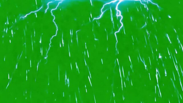 Electric Storm: A vibrant display of nature's raw power, featuring a vivid bolt of lightning illuminating a heavy downpour of rain against a vivid green background.
