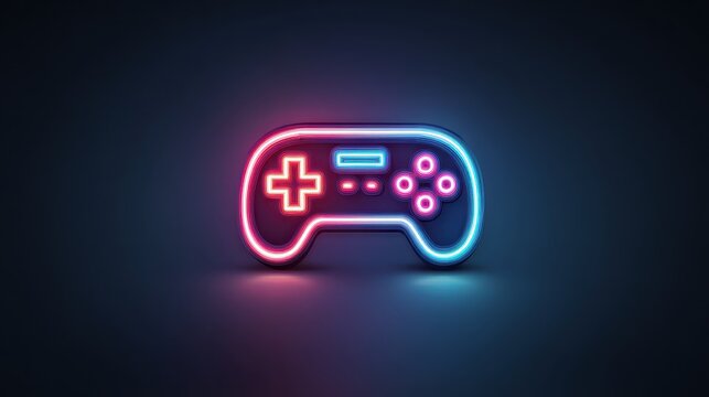 Minimalistic neon icon representing gaming, glowing game controller with pixel elements