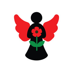 Silhouette angel with red wings holding a red flower with green stem leaves on poppy
