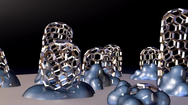 A 3D animation showing carbon nanotubes growing from catalyst particles on a surface during Chemical Vapor Deposition (CVD), specifically the base-growth model.