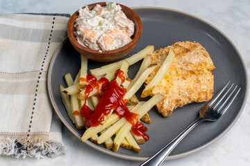  baked cod with  fries and  shrimp seafood salad