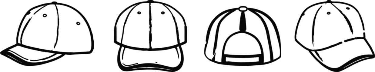 Cap icon vector illustration, White cap plain for mockup design, cap line art, baseball hat icon, baseball-cap clipart, hat mockup vector, caps side views for mockup design. cap front and back design.