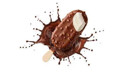 Chocolate covered ice cream on a stick hanging in the air in chocolate splashes from an explosion on a white background