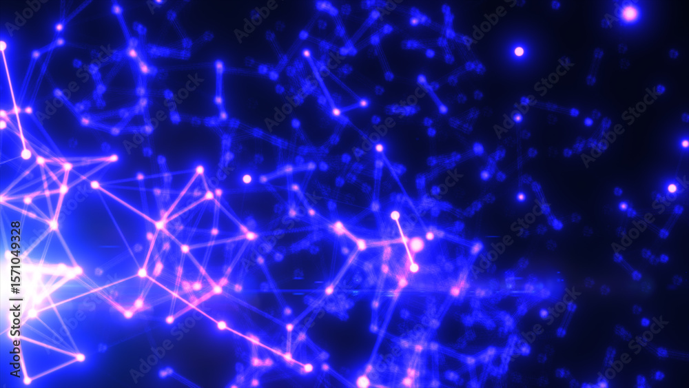 Poster glowing abstract purple-blue neural network web with dynamic light trails and digital mesh structure