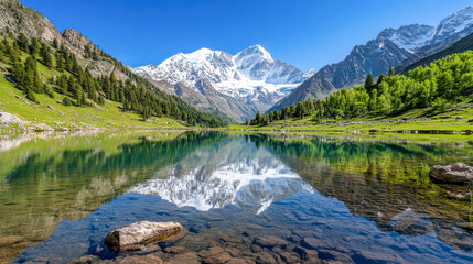 A stunning mountain lake with turquoise water, surrounded by snow-capped peaks and evergreen forests, reflecting a clear blue sky