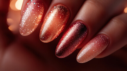 Rose gold to pink glitter gradient oval nails on a glamorous female hand