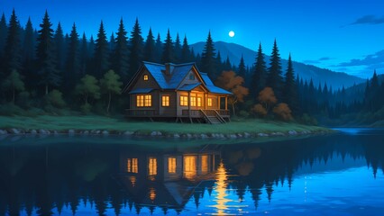 Obraz premium Lake House Landscape Fantasy Art