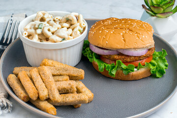 garden burger  with veggie fries and macaroni salad