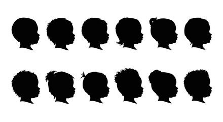 Silhouettes of diverse children's heads showcase varied hairstyles, capturing the essence of childhood and representation in simple shapes.