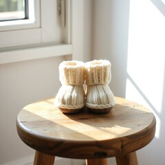 Knitted baby booties placed on wooden stool by sunny window  