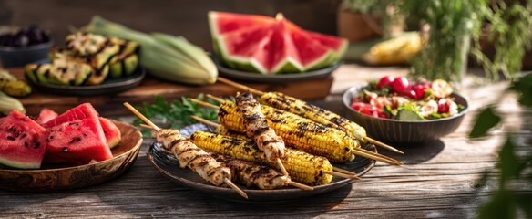 The colorful spread of grilled corn, fresh salad, and juicy watermelon.