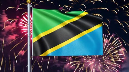 National flag independence state Tanzania, background fireworks. AI Generative