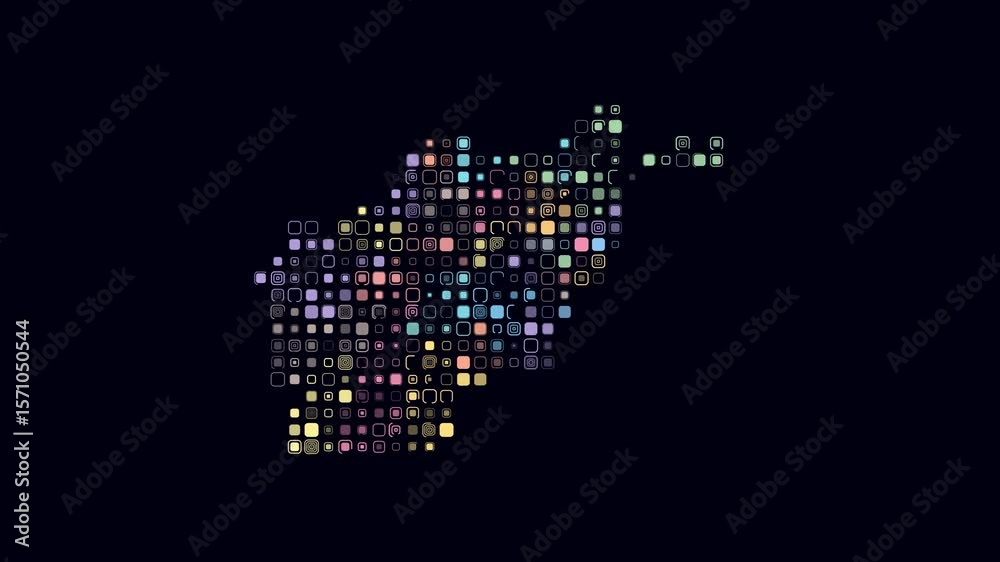 Poster afghanistan dotted animation. shape of the country build of pulsating colored dots. large size round