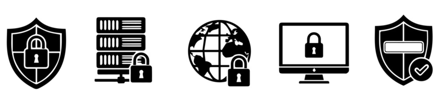 Cyber security vector icons present network protection and data safety measures, including security shields, locked computer and secured server, silhouette