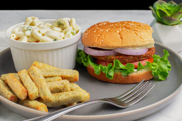 garden burger  with veggie fries and macaroni salad