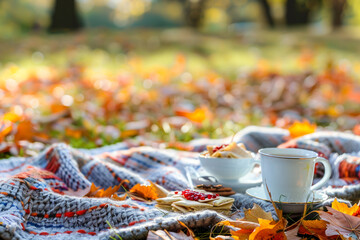 Cozy Autumn Picnic with Snacks and Warm Beverages