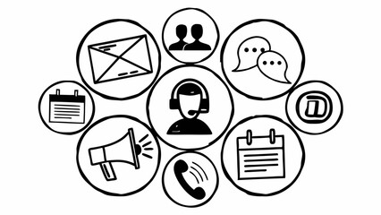 Doodle icons representing various communication methods and customer service