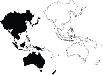 Map of Asia Pacific Region Silhouette Flat and Outline Design
