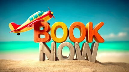 Vibrant Beach Scene with Airplane and Playful Book Now Signage