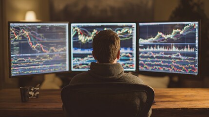 Investor checking oil, gold, and S&P500 prices on triple monitor setup