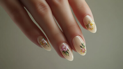 Pastel almond nails with soft floral accents on a graceful female hand, creating a dreamy look