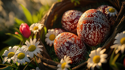 Painted Easter Eggs in a Basket with Fresh Flowers